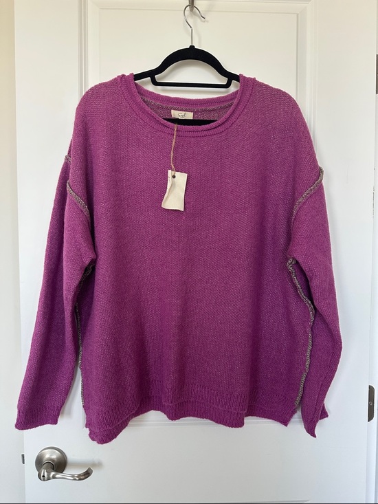 easel Sweaters - easel Magenta Crewneck Sweater with Contrast Stitching